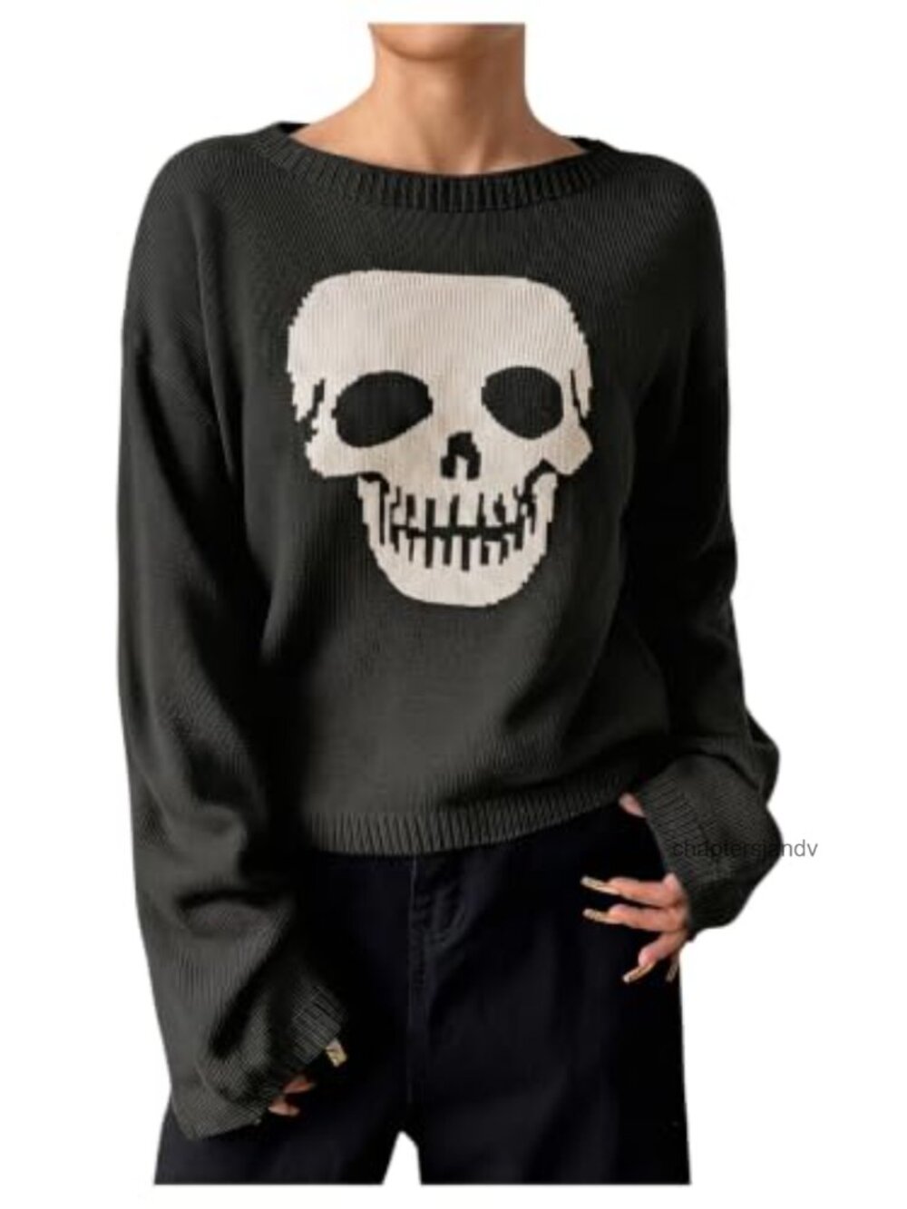 SHENHE Women's Skull Print Crew Neck Pullover Sweater Long Sleeve